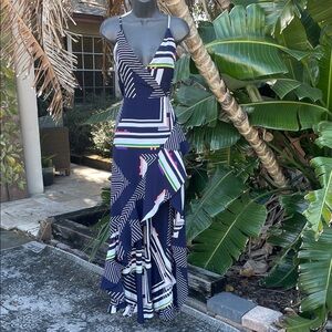 strut and bolt geometric striped high, low ruffle dress